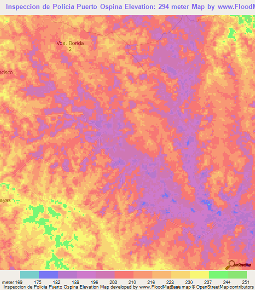 Inspeccion de Policia Puerto Ospina,Colombia Elevation Map