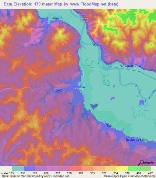 Bata,Romania Elevation Map