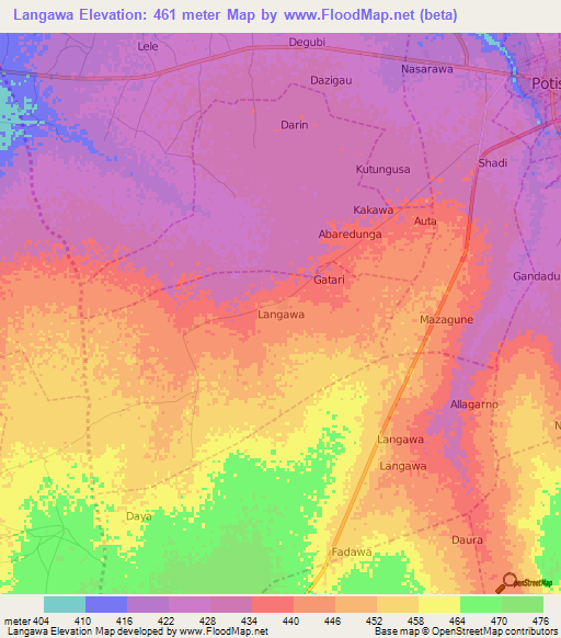 Langawa,Nigeria Elevation Map