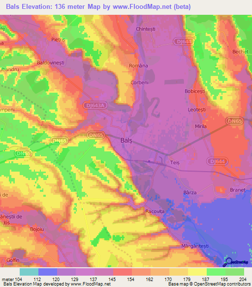 Bals,Romania Elevation Map