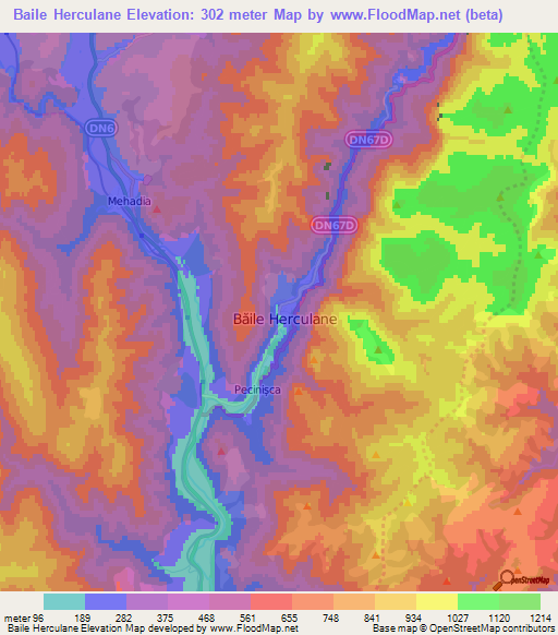 Baile Herculane,Romania Elevation Map