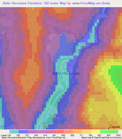 Baile Herculane,Romania Elevation Map