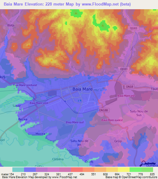 Baia Mare,Romania Elevation Map