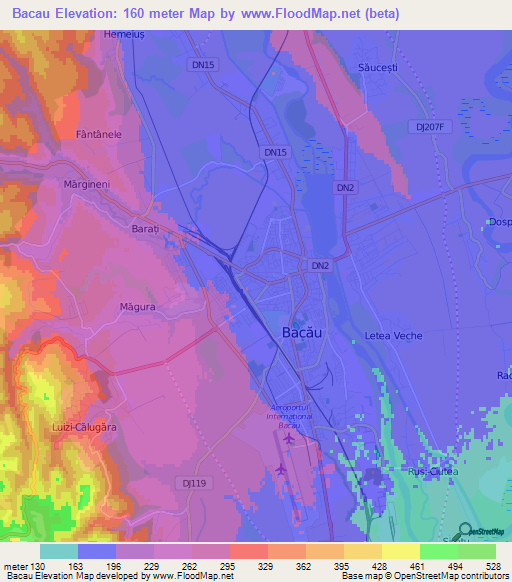 Bacau,Romania Elevation Map