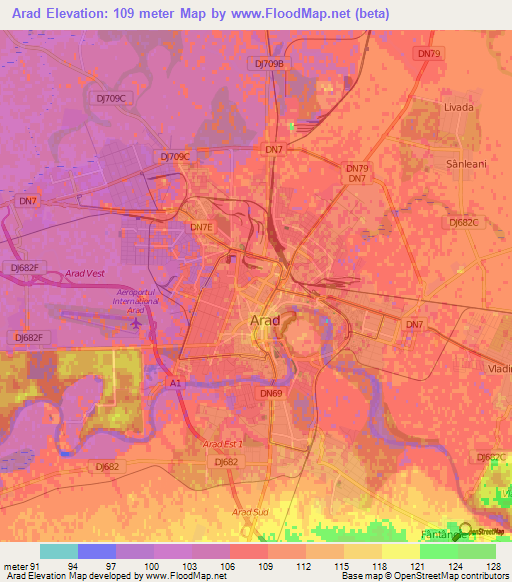 Arad,Romania Elevation Map