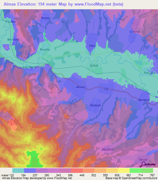 Almas,Romania Elevation Map