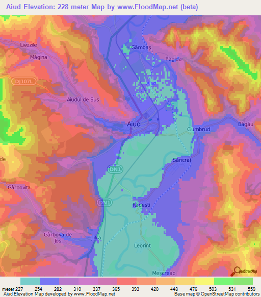 Aiud,Romania Elevation Map