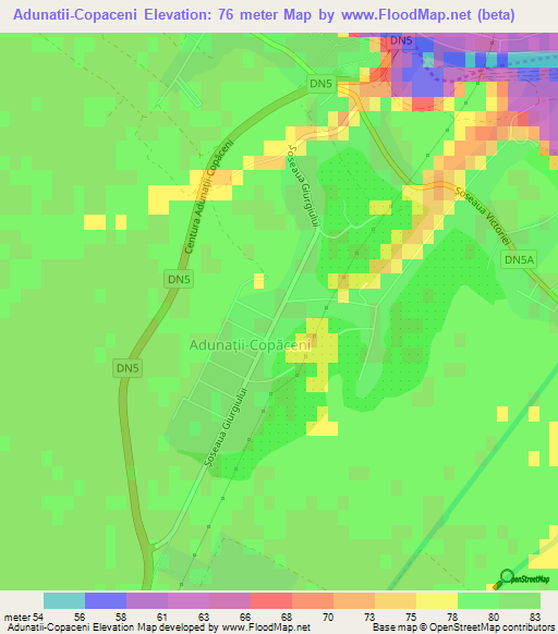 Adunatii-Copaceni,Romania Elevation Map