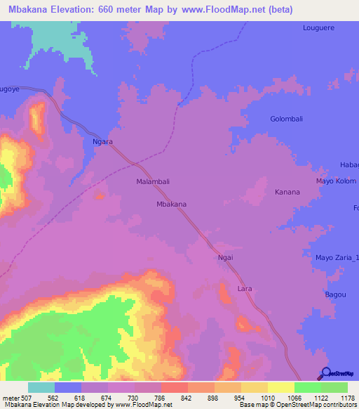 Mbakana,Cameroon Elevation Map