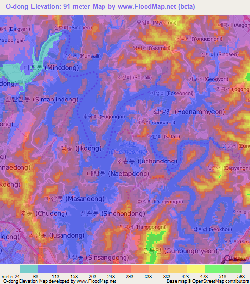 O-dong,South Korea Elevation Map