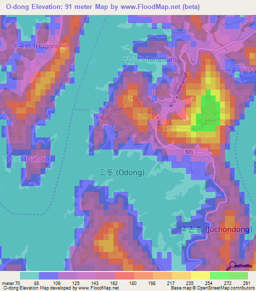 O-dong,South Korea Elevation Map