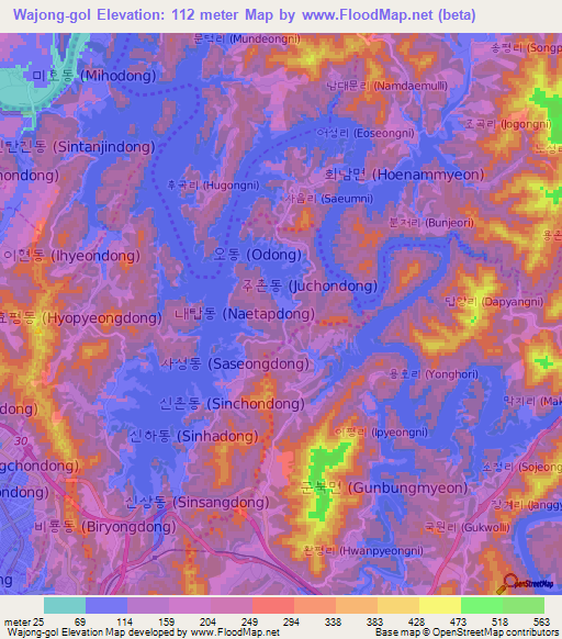 Wajong-gol,South Korea Elevation Map