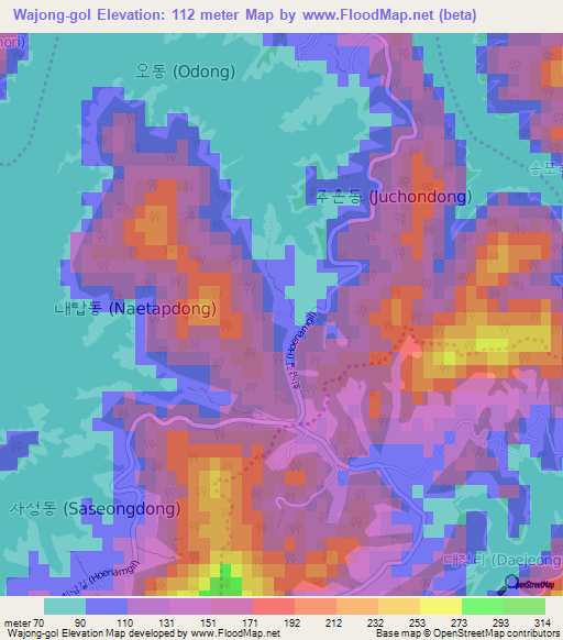 Wajong-gol,South Korea Elevation Map