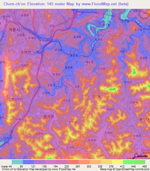 Chom-ch'on,South Korea Elevation Map