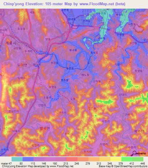 Chinp'yong,South Korea Elevation Map