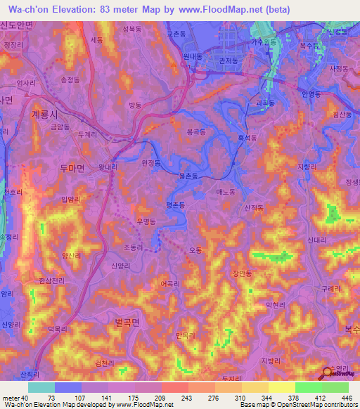 Wa-ch'on,South Korea Elevation Map