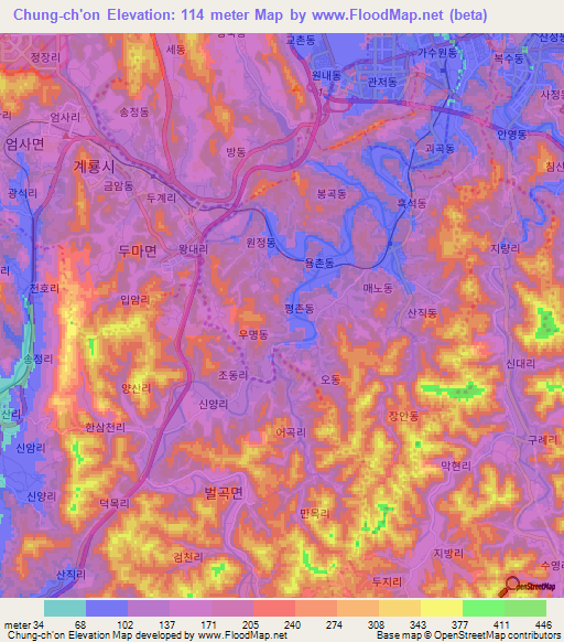 Chung-ch'on,South Korea Elevation Map