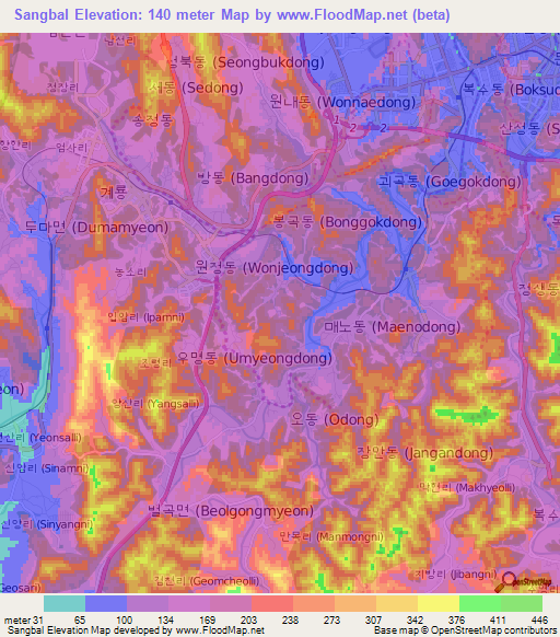 Sangbal,South Korea Elevation Map