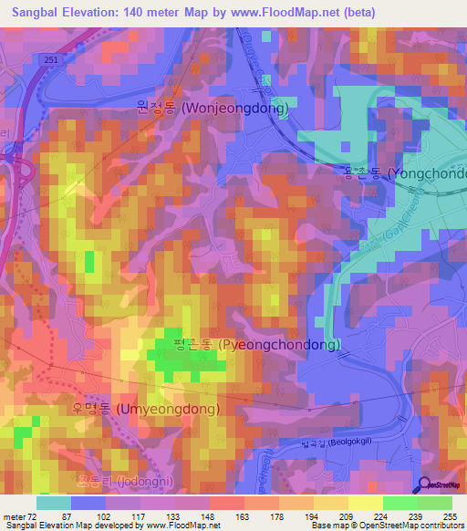 Sangbal,South Korea Elevation Map