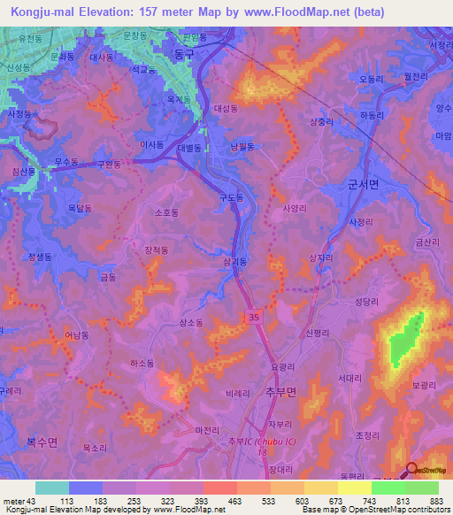 Kongju-mal,South Korea Elevation Map