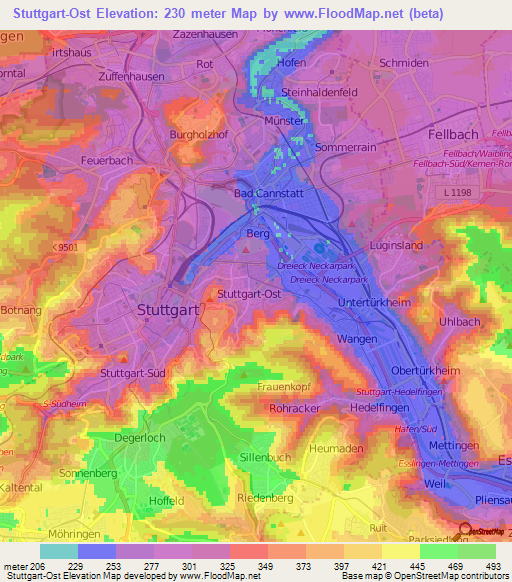 Stuttgart-Ost,Germany Elevation Map