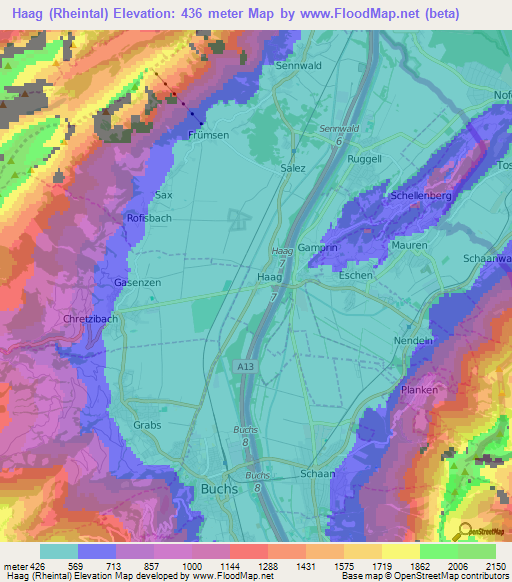 Haag (Rheintal),Switzerland Elevation Map