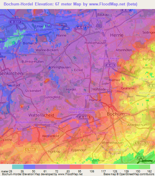 Bochum-Hordel,Germany Elevation Map