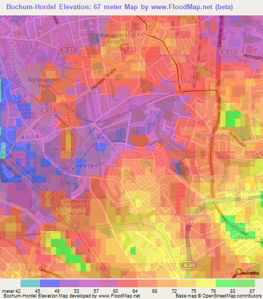 Bochum-Hordel,Germany Elevation Map