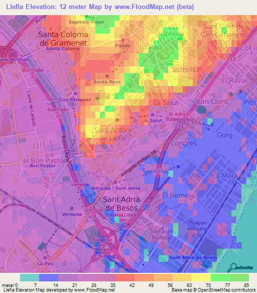 Llefia,Spain Elevation Map