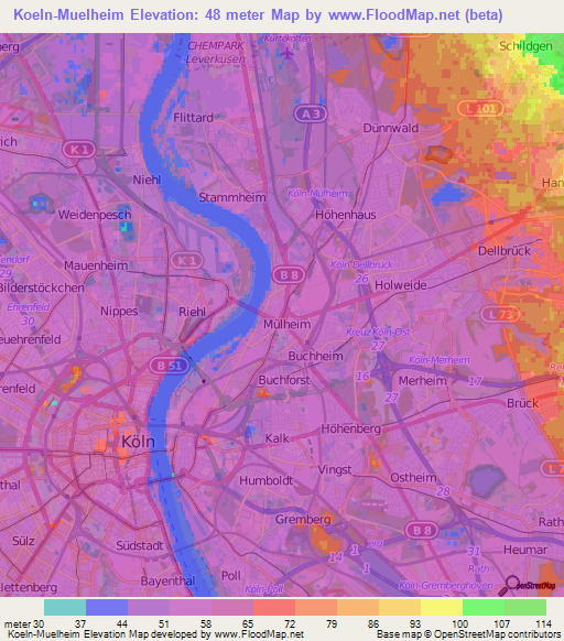 Koeln-Muelheim,Germany Elevation Map