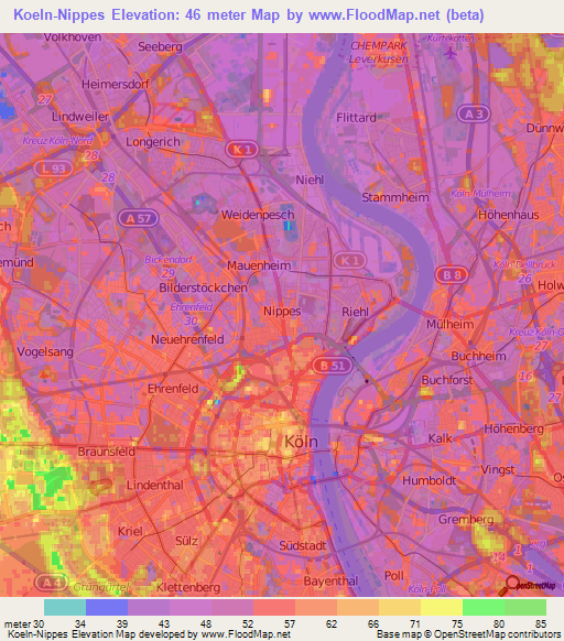 Koeln-Nippes,Germany Elevation Map