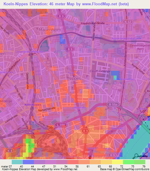 Koeln-Nippes,Germany Elevation Map