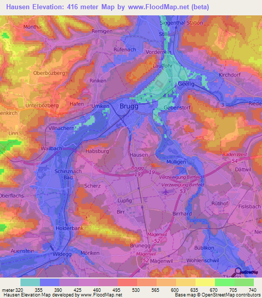 Hausen,Switzerland Elevation Map