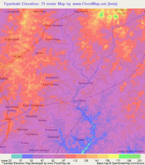 Tiyanbaki,Nigeria Elevation Map