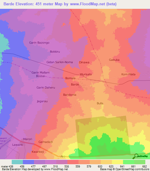 Barde,Nigeria Elevation Map