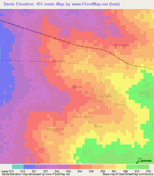 Barde,Nigeria Elevation Map