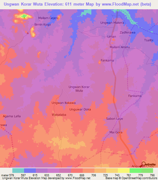 Ungwan Korar Wuta,Nigeria Elevation Map