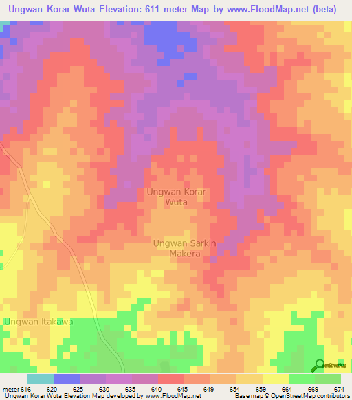 Ungwan Korar Wuta,Nigeria Elevation Map