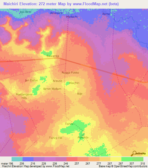 Maichiri,Nigeria Elevation Map