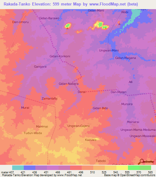 Rakada-Tanko,Nigeria Elevation Map