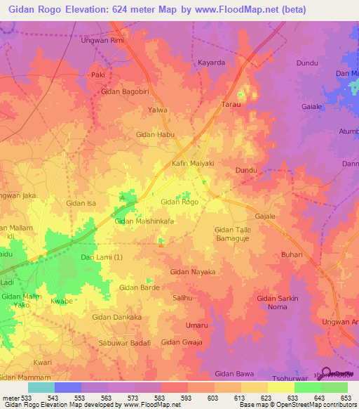 Gidan Rogo,Nigeria Elevation Map