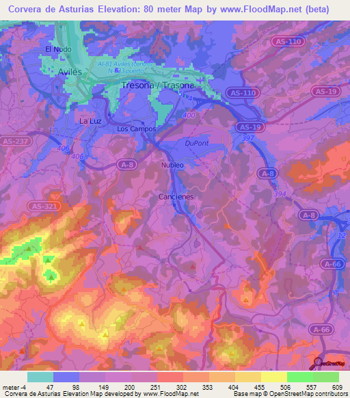 Corvera de Asturias,Spain Elevation Map