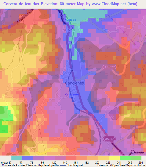 Corvera de Asturias,Spain Elevation Map