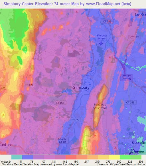 Simsbury Center,US Elevation Map