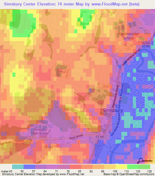 Simsbury Center,US Elevation Map