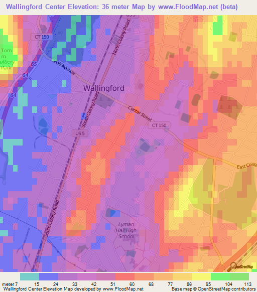 Wallingford Center,US Elevation Map