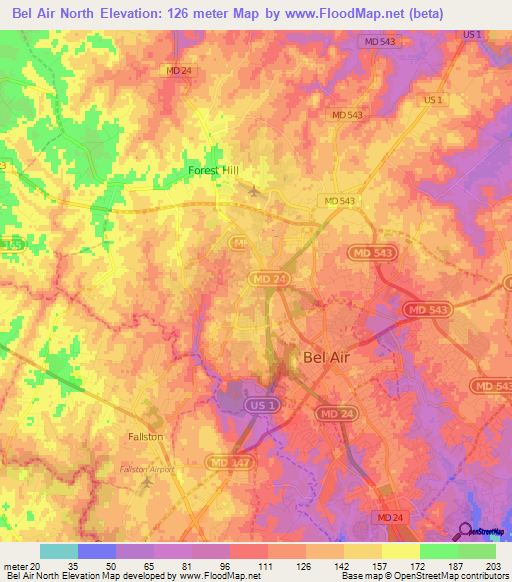 Bel Air North,US Elevation Map