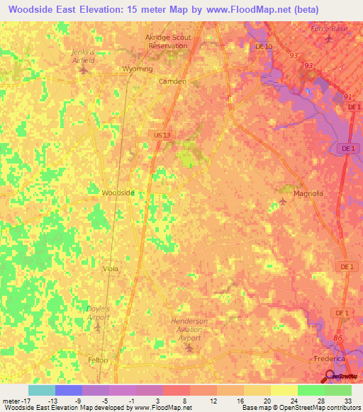 Woodside East,US Elevation Map