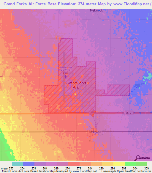 Grand Forks Air Force Base,US Elevation Map