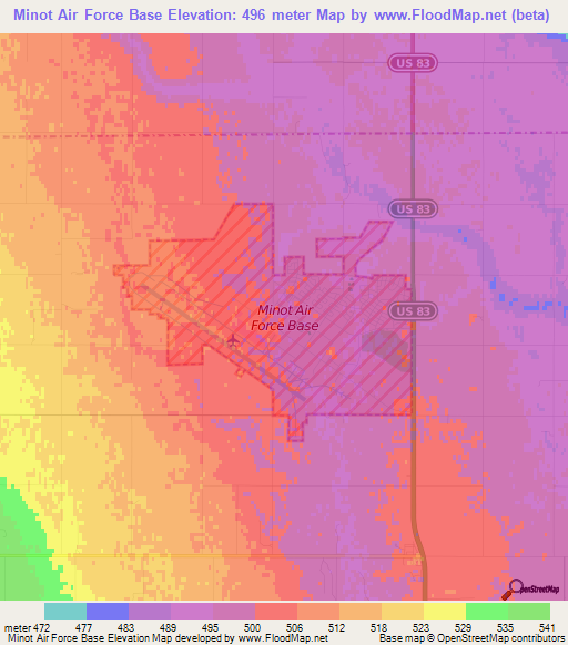 Minot Air Force Base,US Elevation Map